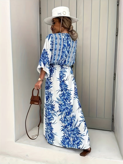 Blau-Weißes Maxikleid mit Blumenmuster - Emilia