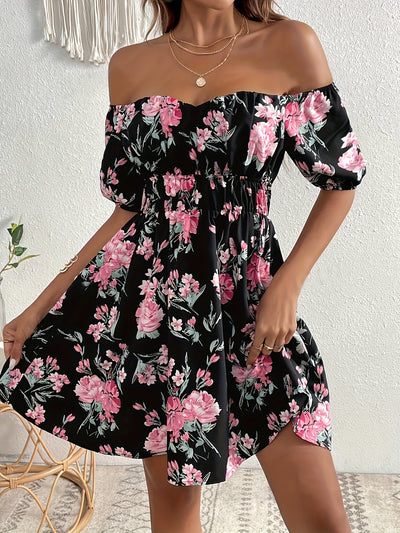 Schwarzes Off-Shoulder Blumenmuster Kleid - Sophie