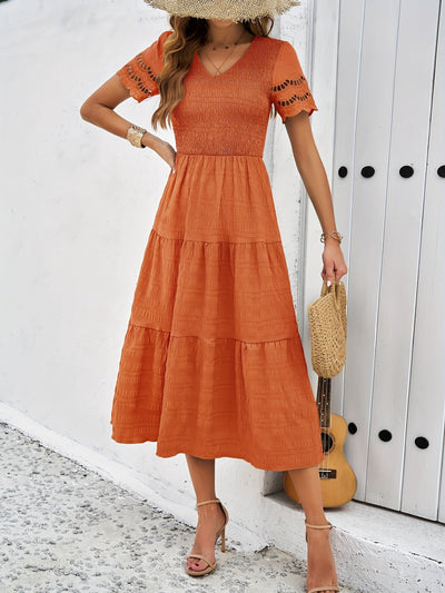 Orangenes Maxikleid mit Spitzenärmeln - Julia