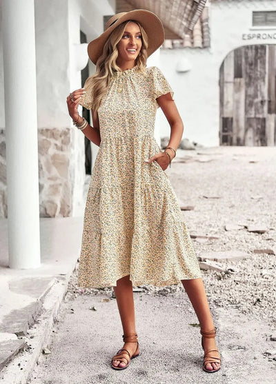Gelbes Blumenkleid Kurzarm - Lena