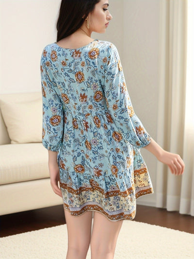 Himmelblaues Boho-Kleid mit Blumenmuster - Luna