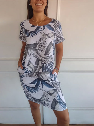 Aldorian™ – Damenkleid aus Baumwolle und Leinen mit Rundhalsausschnitt und Druck