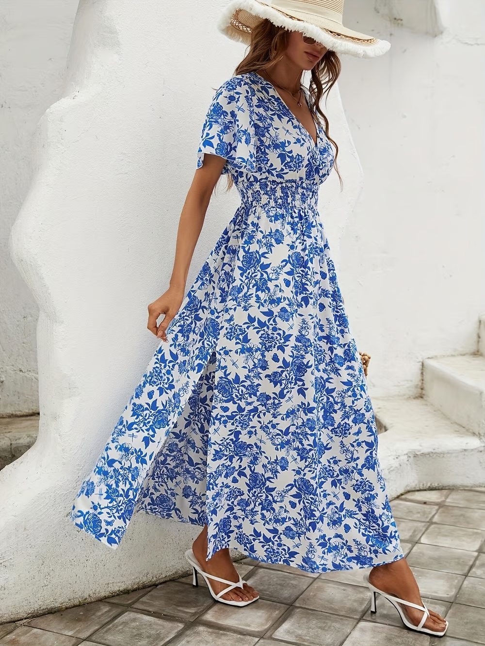 Bea - Bohemian V-Ausschnitt Blaues Strandkleid